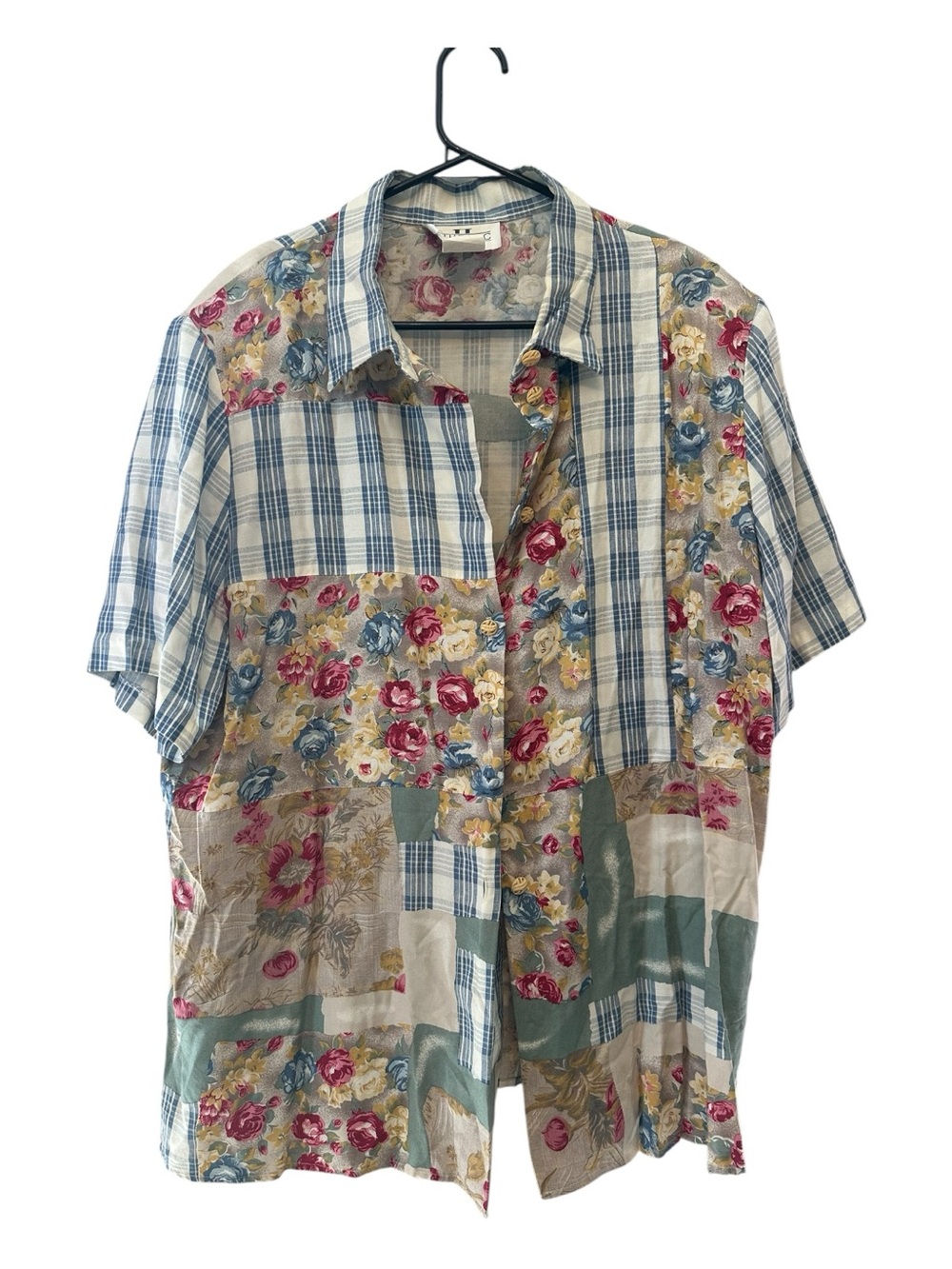 Vintage 90’s Blue Plaid & Multicolor Floral Patchwork Button-Down Shirt Size 18